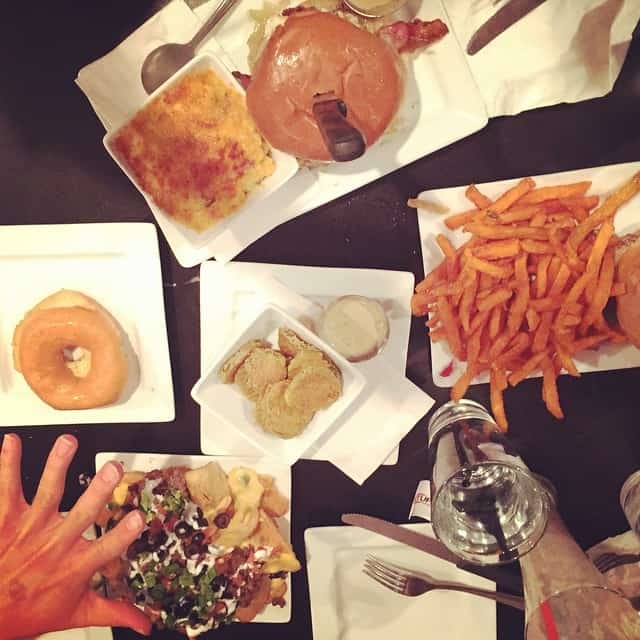 Overhead view of burger and fries at a restaurant