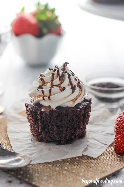 Close-up of a skinny chocolate pudding cupcake