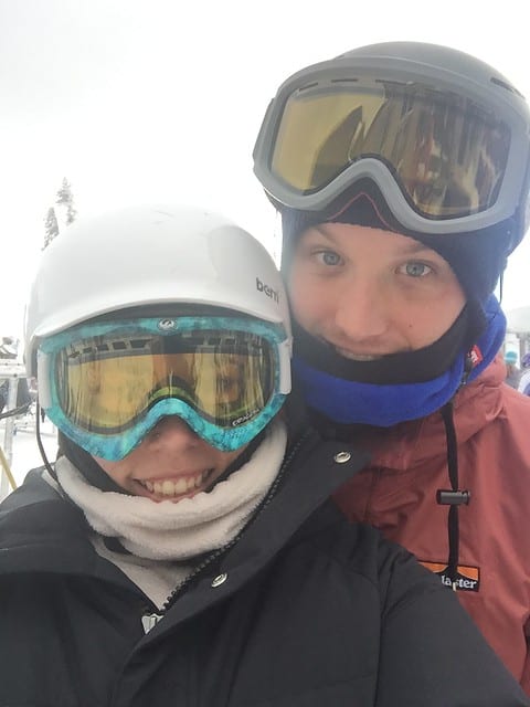 Selfie of blog author and her partner in ski helmets and goggles