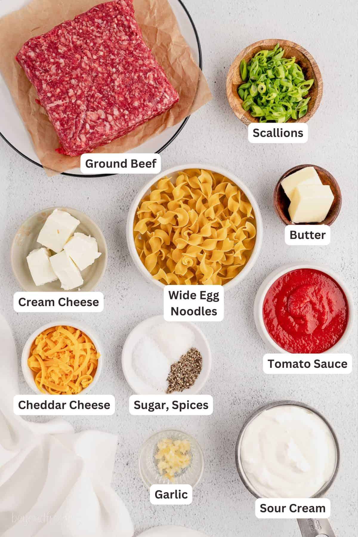 Ingredients for Hamburger Noodle Casserole.