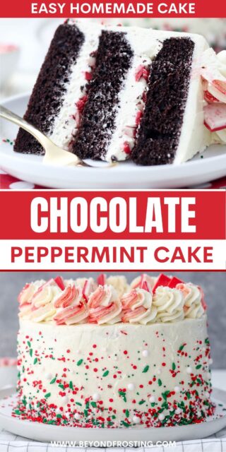 two pictures of chocolate cake titled "Chocolate Peppermint Cake. Easy Homemade Cake"