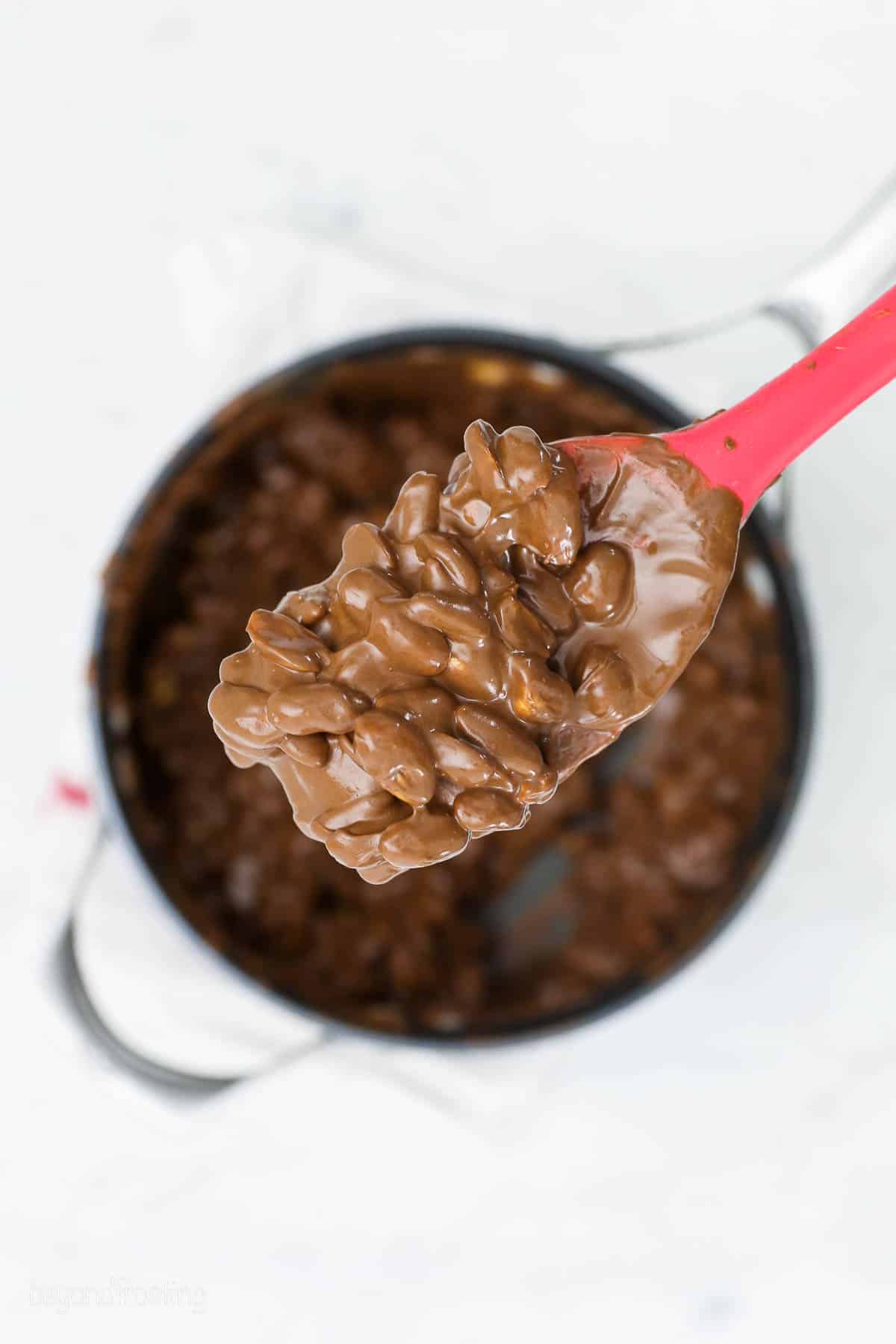 closeup of a spoonful of chocolate and peanuts