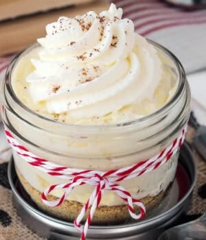 overhead of an eggnog pudding parfait topped with whipped cream