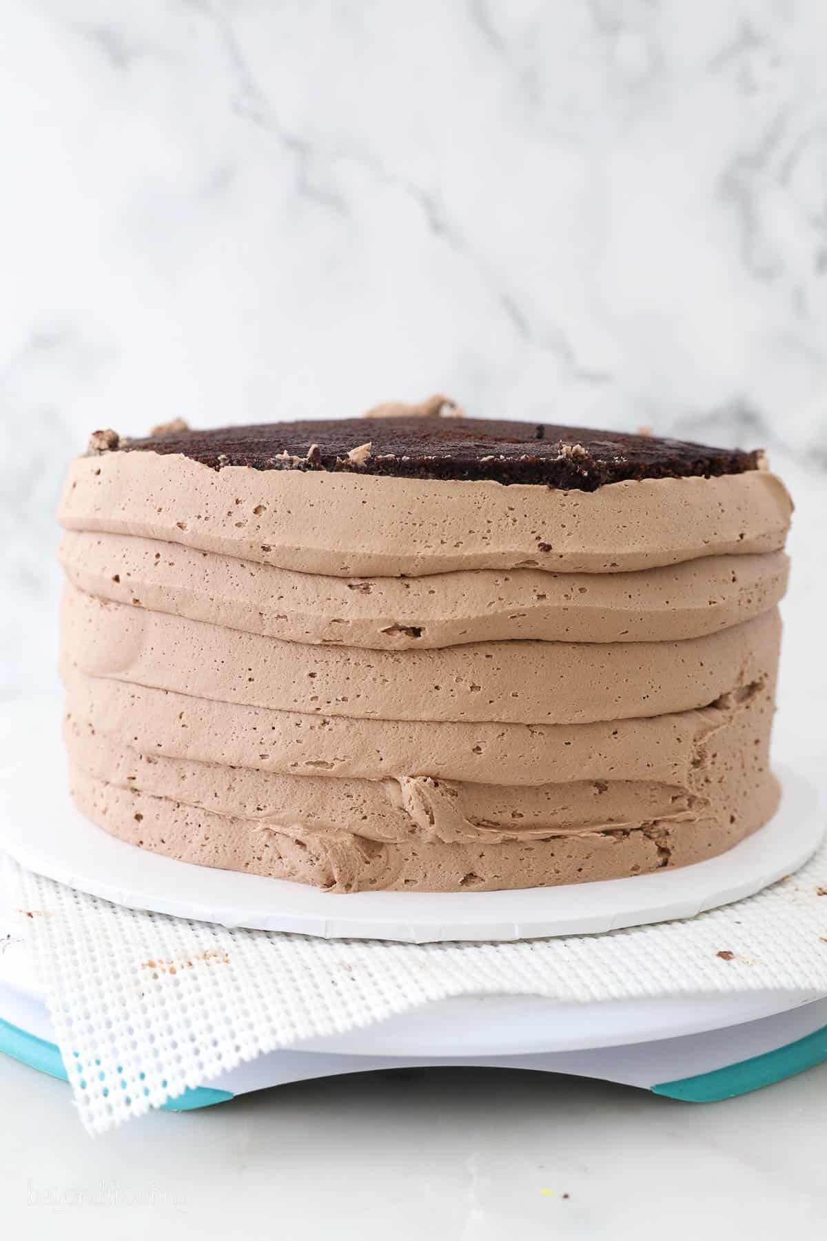 Nutella frosting is completely piped on outside of chocolate cake.