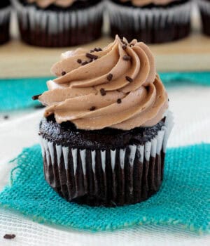 closeup of a frosted chocolate cupcake