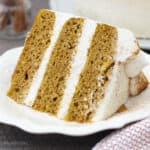 closeup of a slice of pumpkin cake on a plate