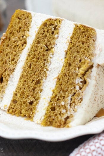 closeup of a slice of pumpkin cake on a plate