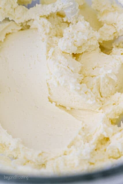 close up of creamed butter and cream cheese