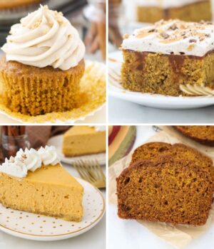 Collage of 4 images of pumpkin desserts: cupcakes, cake, cheesecake and bread