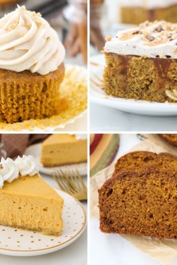 Collage of 4 images of pumpkin desserts: cupcakes, cake, cheesecake and bread