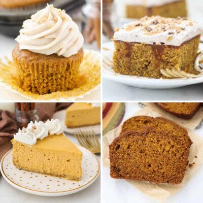 Collage of 4 images of pumpkin desserts: cupcakes, cake, cheesecake and bread