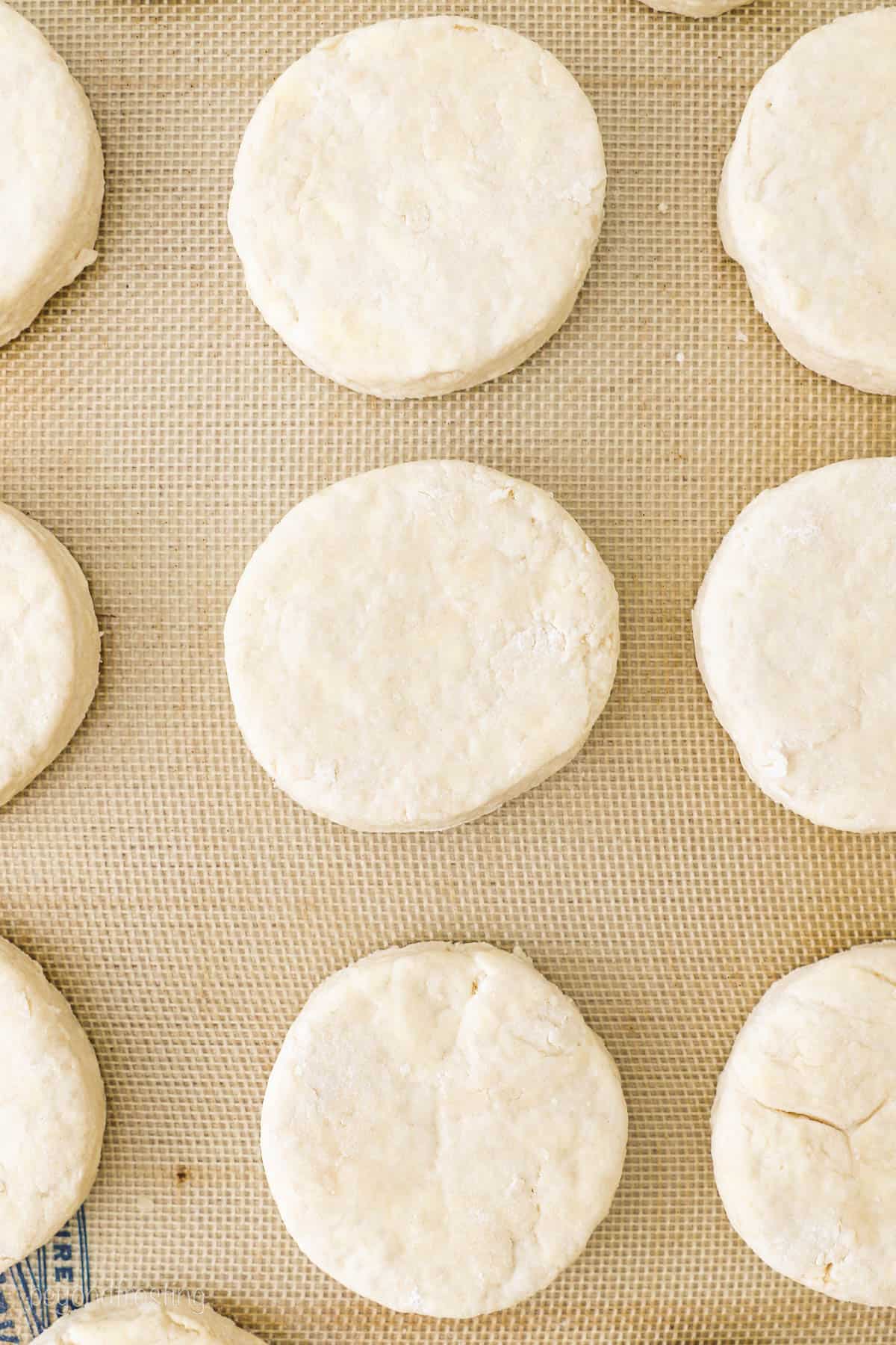 Raw Buttermilk Biscuits are placed on baking tray.