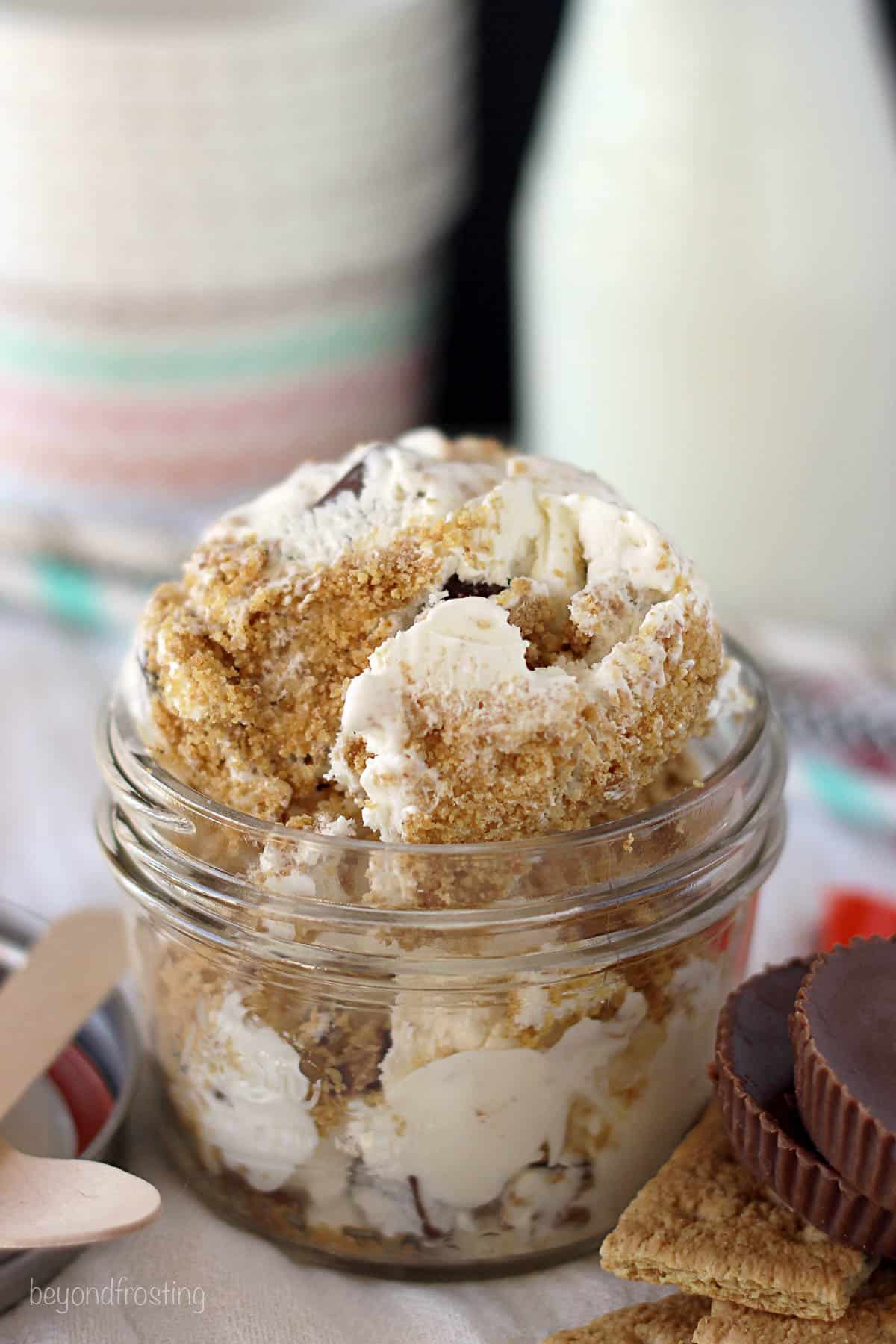 overhead side view of s'mores peanut butter ice cream in a jar
