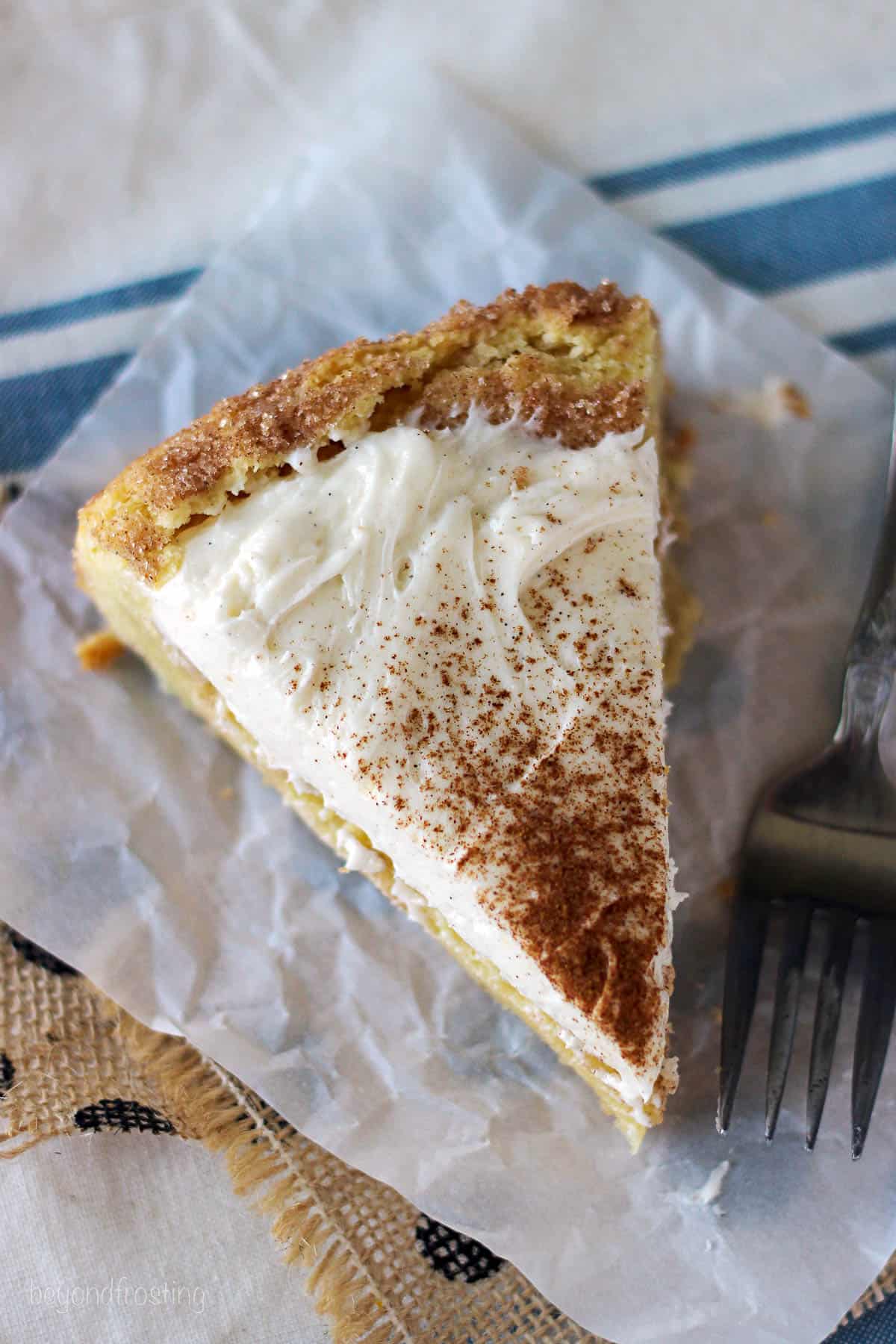 overhead of a slice of cookie pie next to a fork