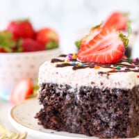 A close up of a slice of Chocolate Strawberry Cake