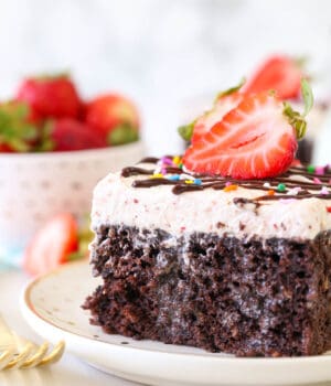 A close up of a slice of Chocolate Strawberry Cake