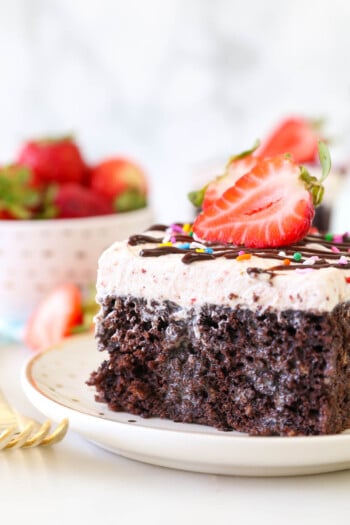 A close up of a slice of Chocolate Strawberry Cake