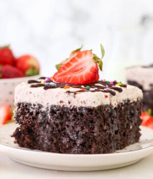 A slice of Chocolate Strawberry Milkshake Cake on a rimmed plate