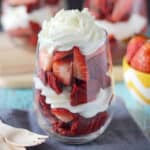 closeup of a strawberry waffle parfait topped with wip