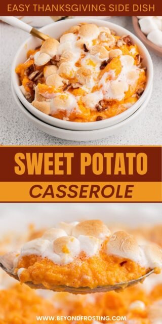 A bowl of sweet potato casserole and a baking dish with sweet potato casserole