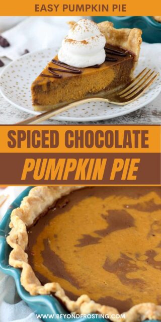 Pinterest image of chocolate swirled pumpkin pie with text overlay reading "spiced chocolate pumpkin pie"