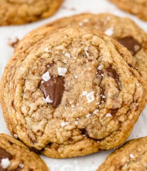 closeup of a brown butter chocolate chip cookie leaning on another