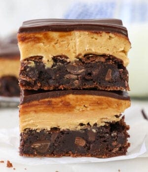 Two buckeye brownies stacked on top of one another.