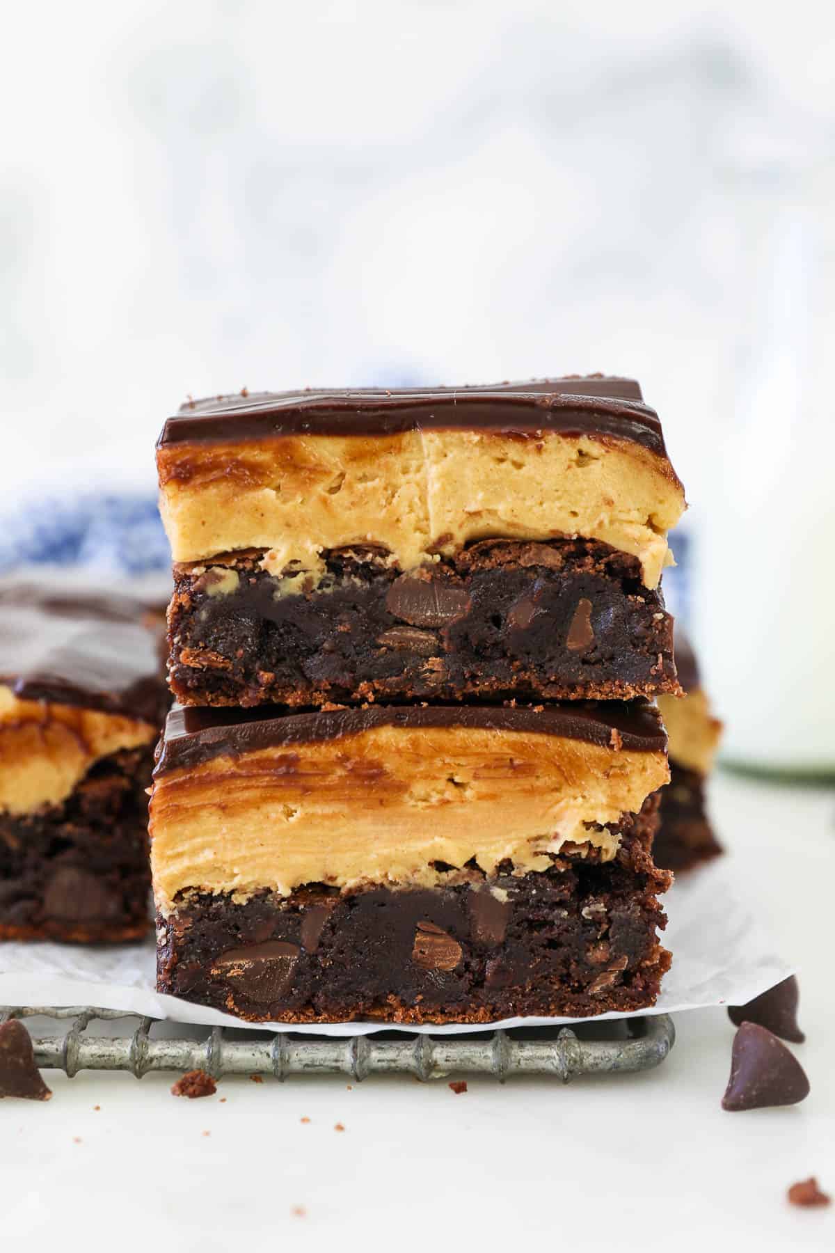Two buckeye brownies stacked on top of one another.