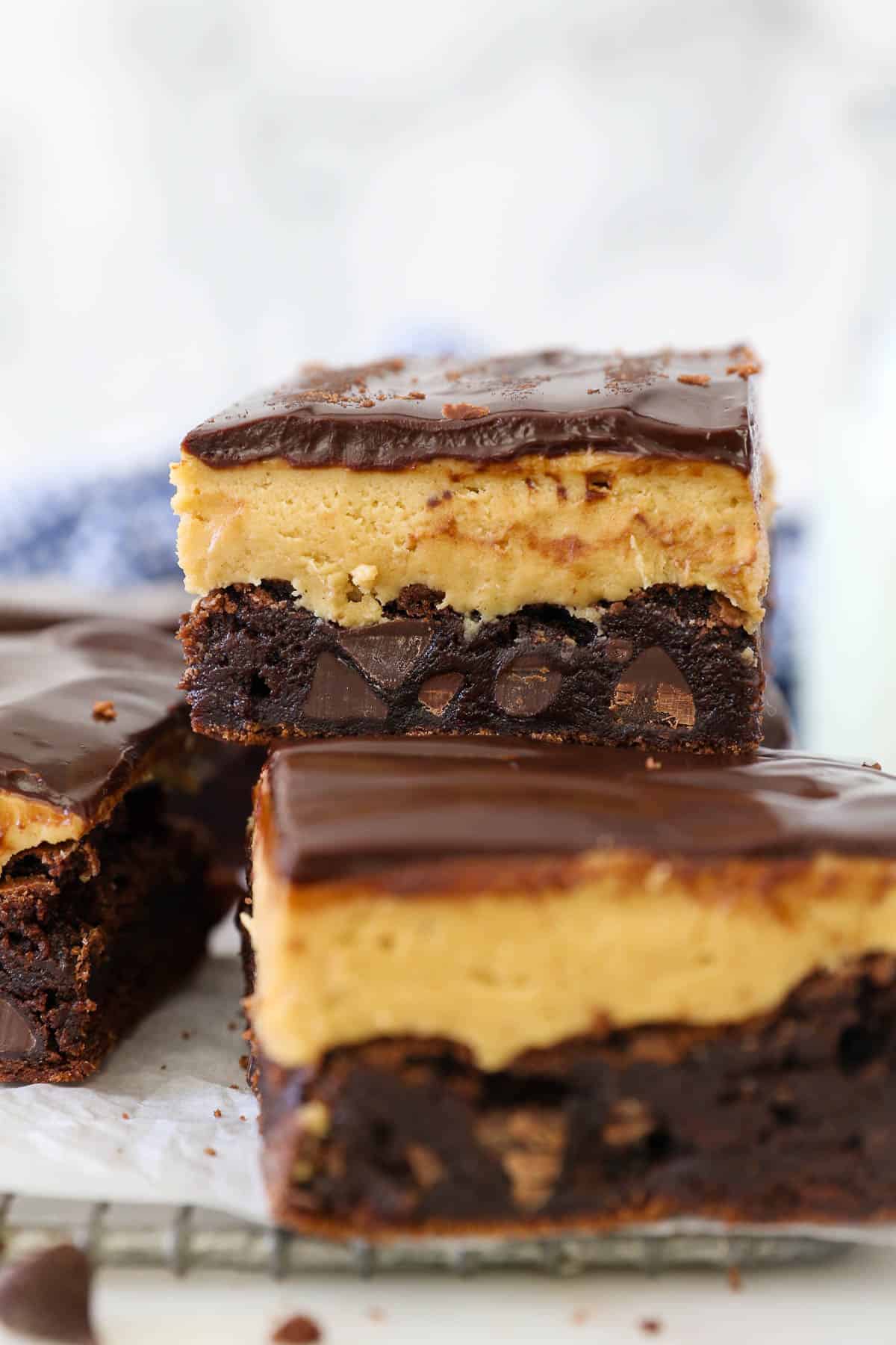 Buckeye brownies stacked on a plate.