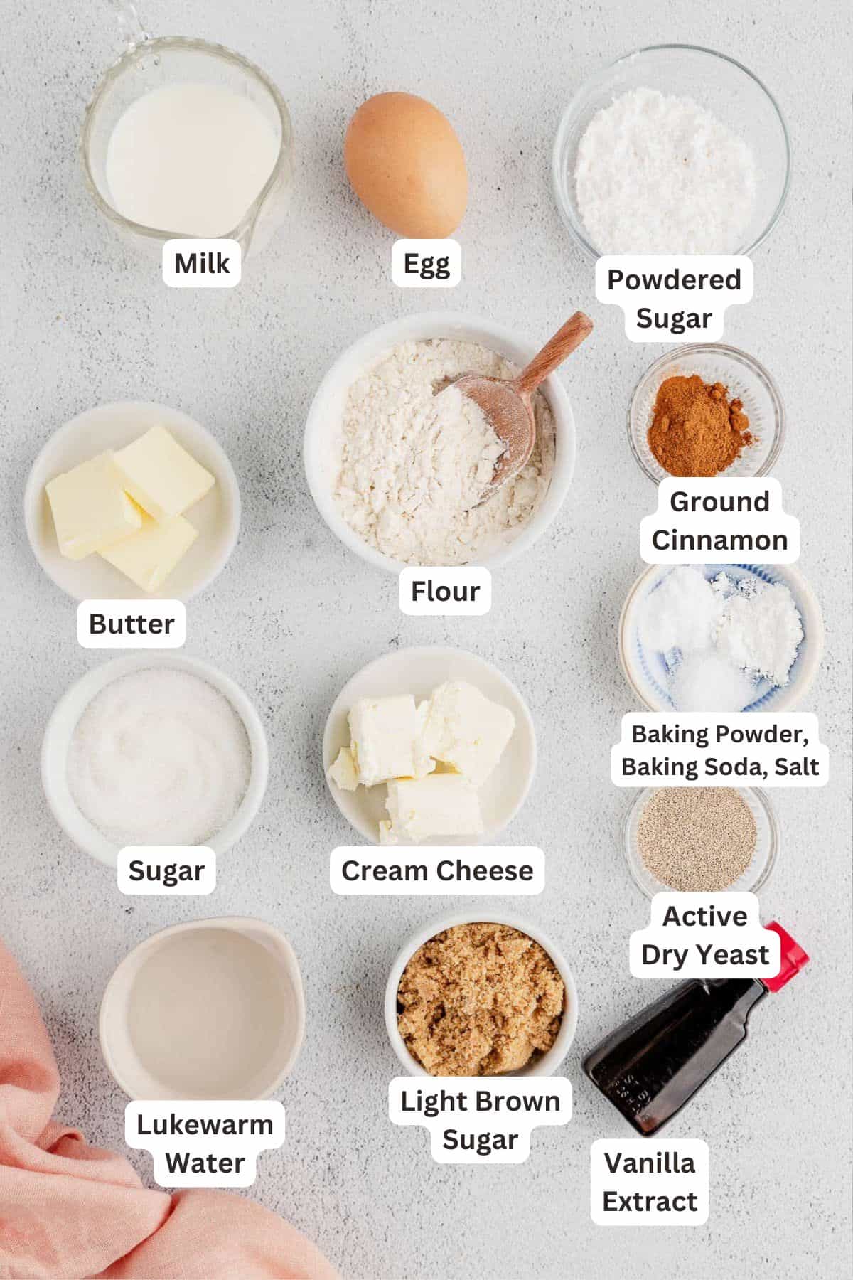 Ingredients for Overnight Cinnamon Rolls.