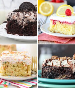 Collage image of 4 poke cake recipes- two chocolate and two fruity