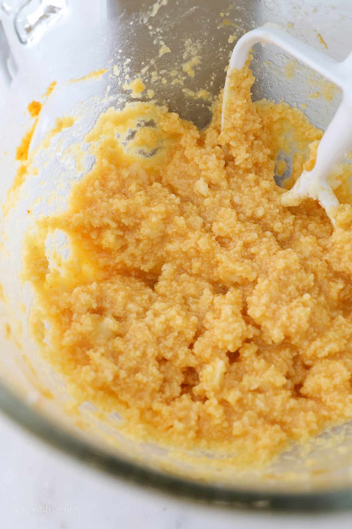 A glass mixing bowl of pumpkin puree mixed into a cookie batter
