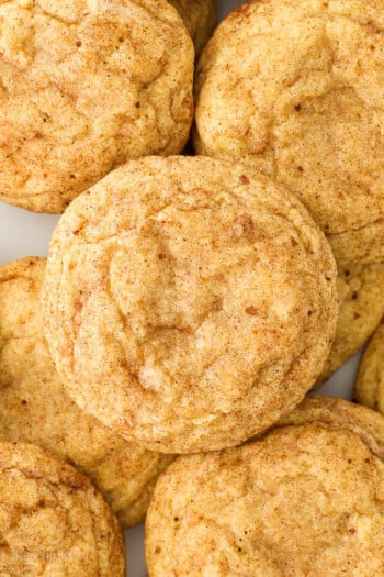 A top down view of pumpkin snickerdoodles laid on top of one another