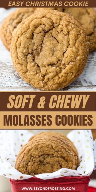 two pictures of cookies titled "Soft & Chewy Molasses Cookies. Easy Christmas Cookie"