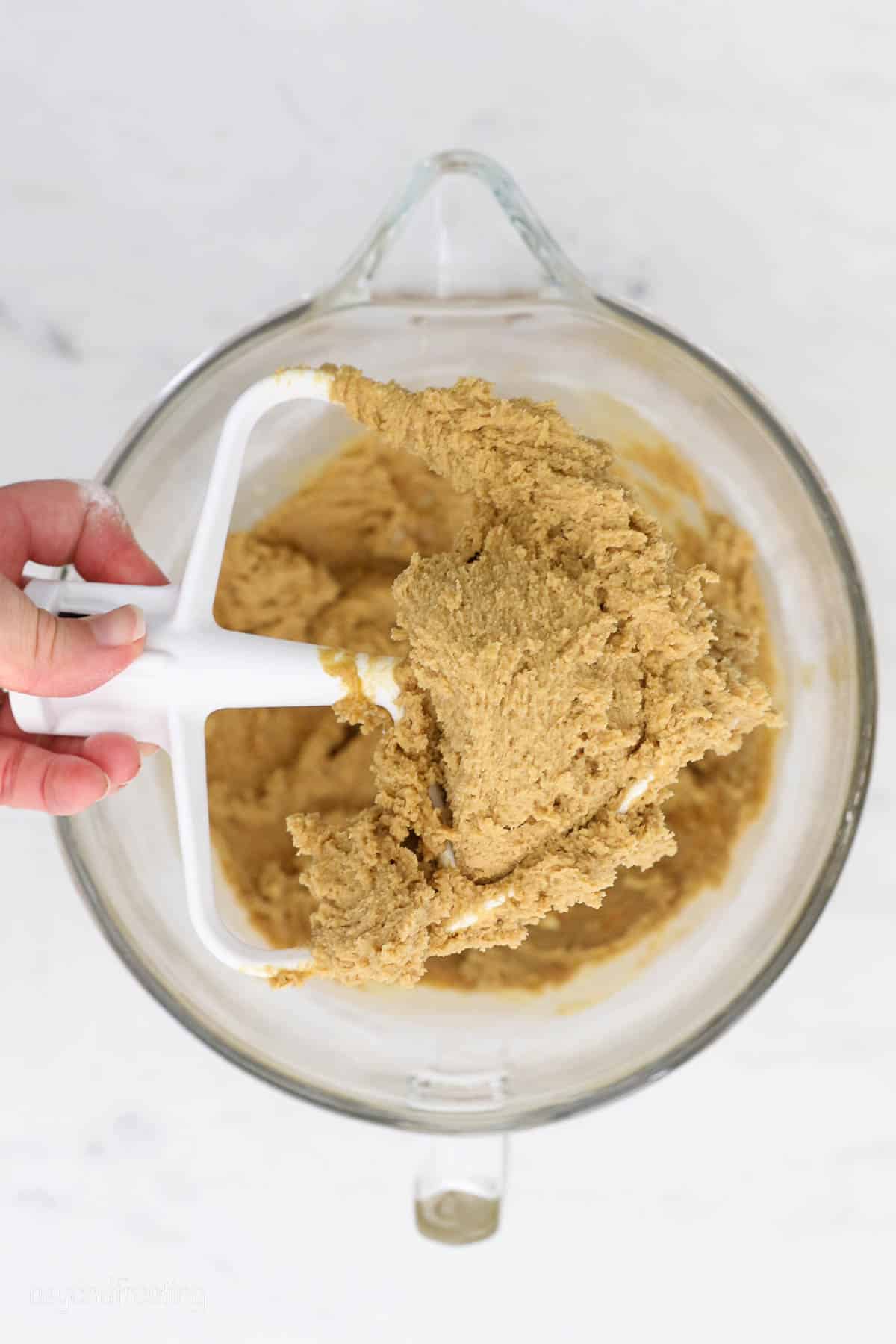 overhead of molasses cookie dough in a mixing bowl