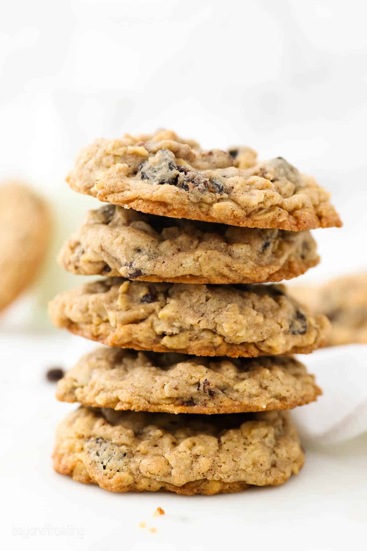 A tall stack of 5 oatmeal cookies