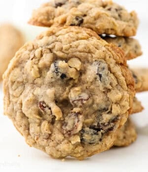 A close up of the top of an Oatmeal cookie with Raisins