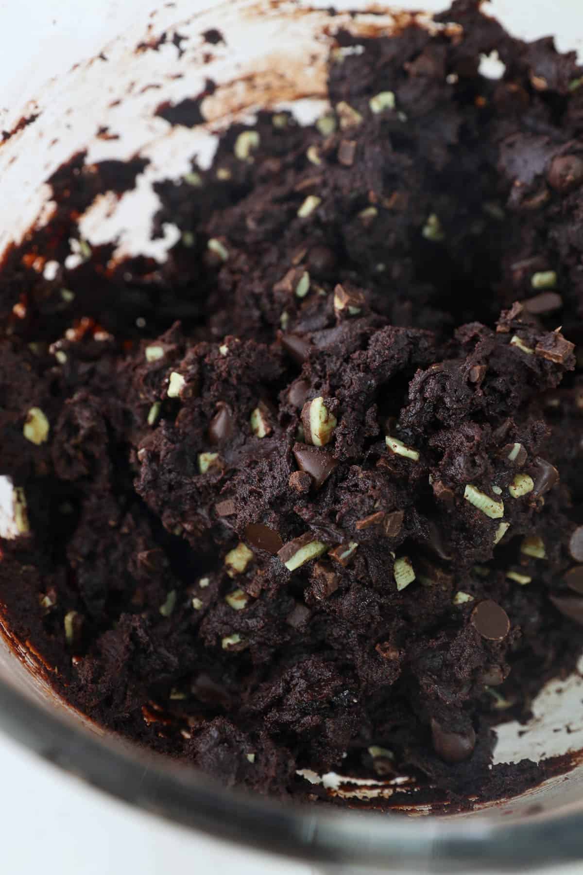 Andes Mint cookie dough in a mixing bowl.