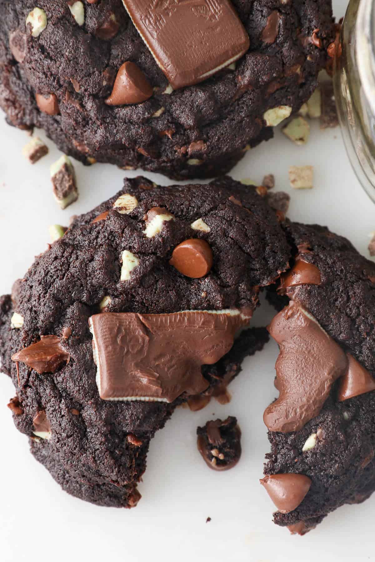 Overhead view of an Andes Mint cookie pulled into two halves.