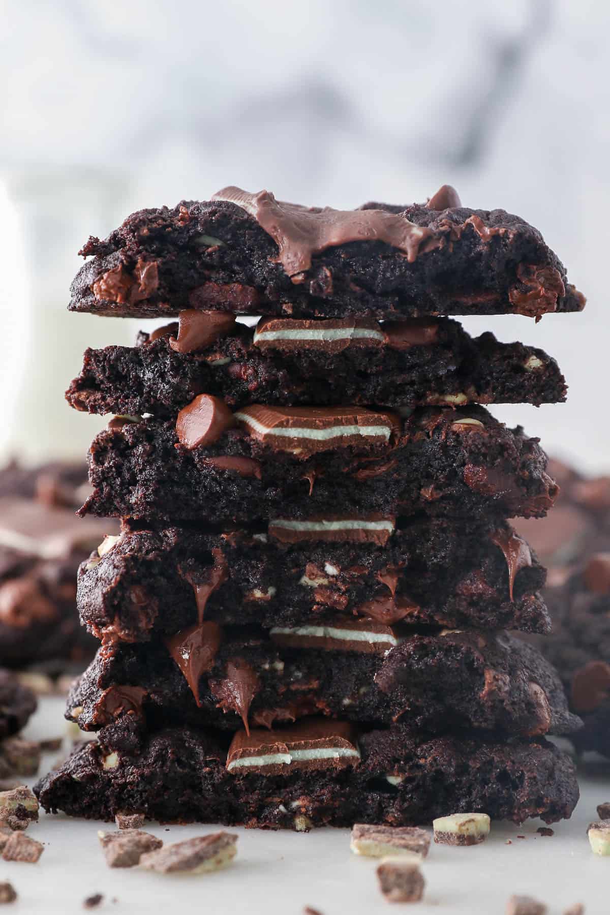 A stack of Andes Mint cookies cut in half.