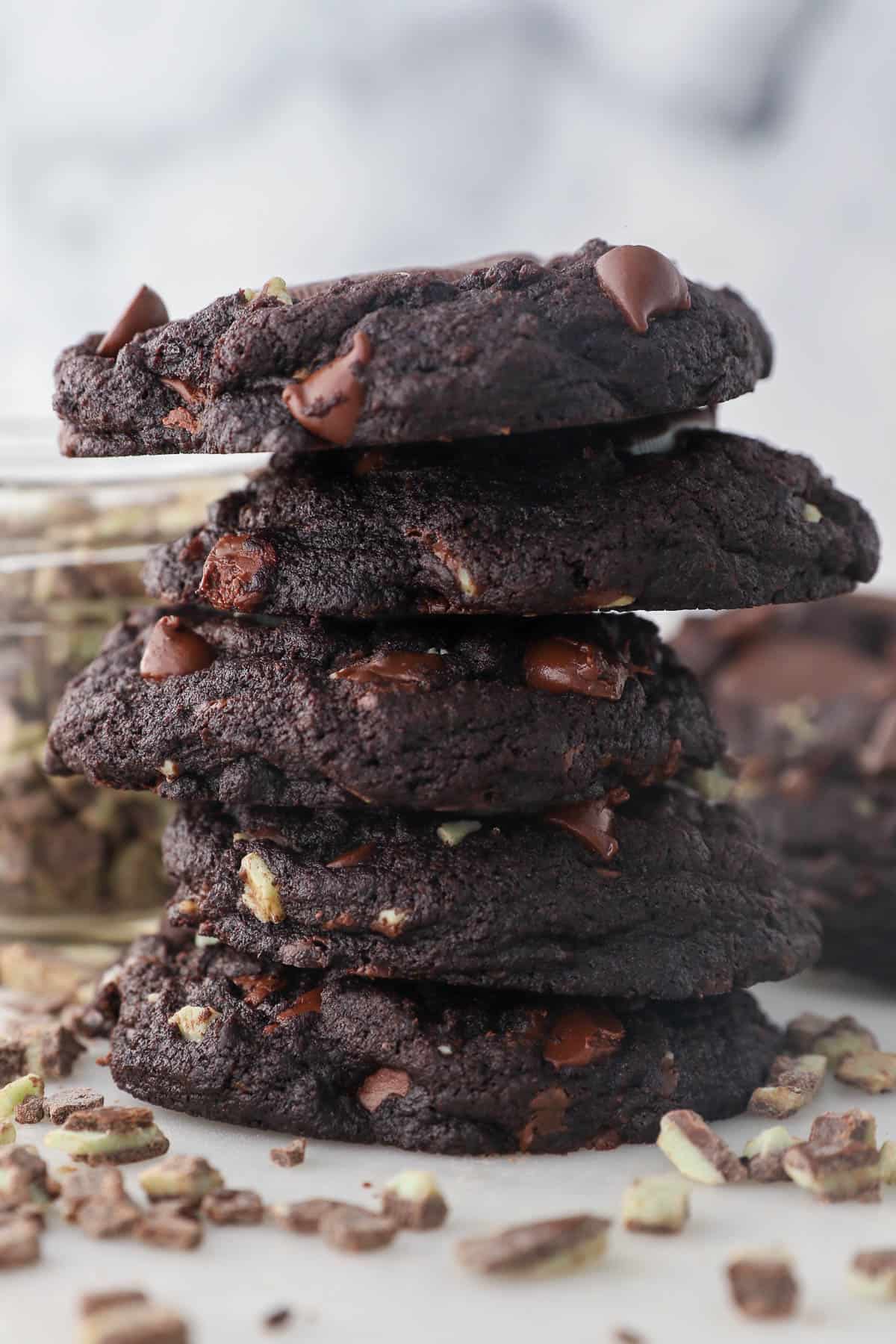 A stack of Andes Mint cookies.
