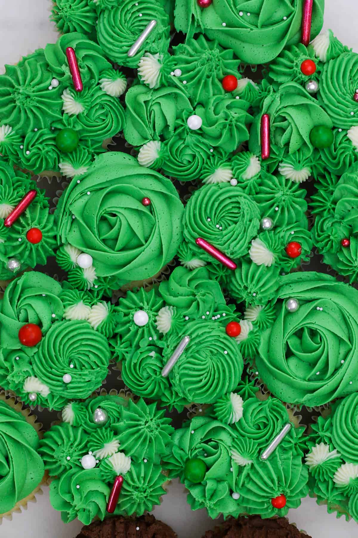 A close-up image of the green section of a homemade Christmas tree cupcake cake
