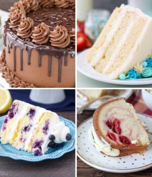 A collage of 4 images of cake slices