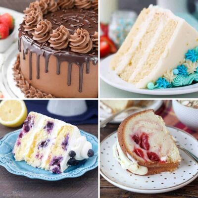 A collage of 4 images of cake slices