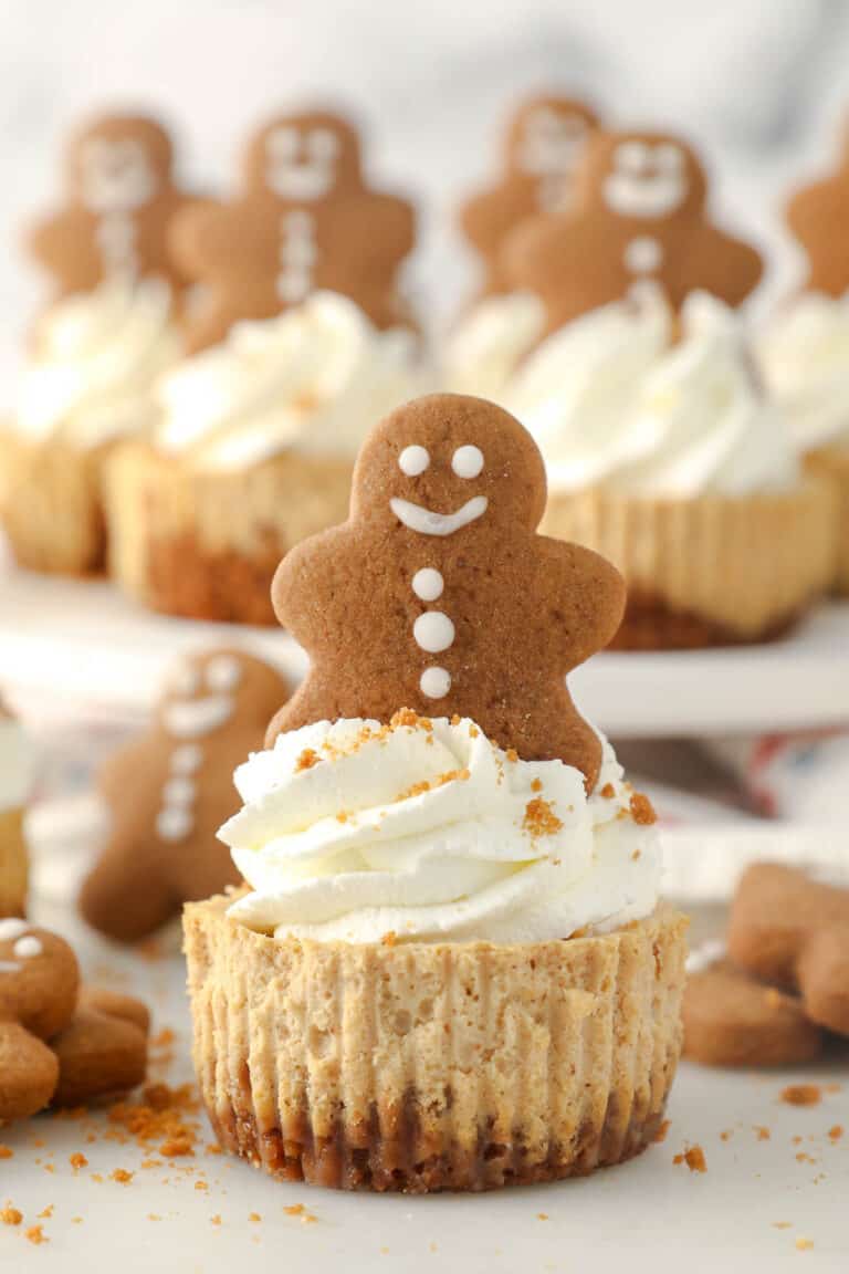 A mini Gingerbread Cheesecake topped with whipped cream and mini gingerbread man