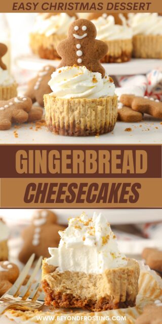 Pinterest graphic with two images of Mini Gingerbread cheesecakes with text overlay
