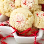 closeup of thumbprint cookies in a white serving bowl