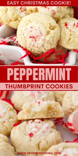 two pictures of cookies titled "Peppermint Thumbprint Cookies. Easy Christmas Cookie!".