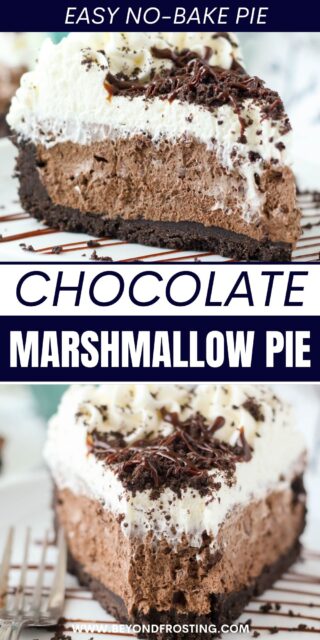 two pictures of pie titled "Chocolate Marshmallow Pie. Easy No-Bake Pie"