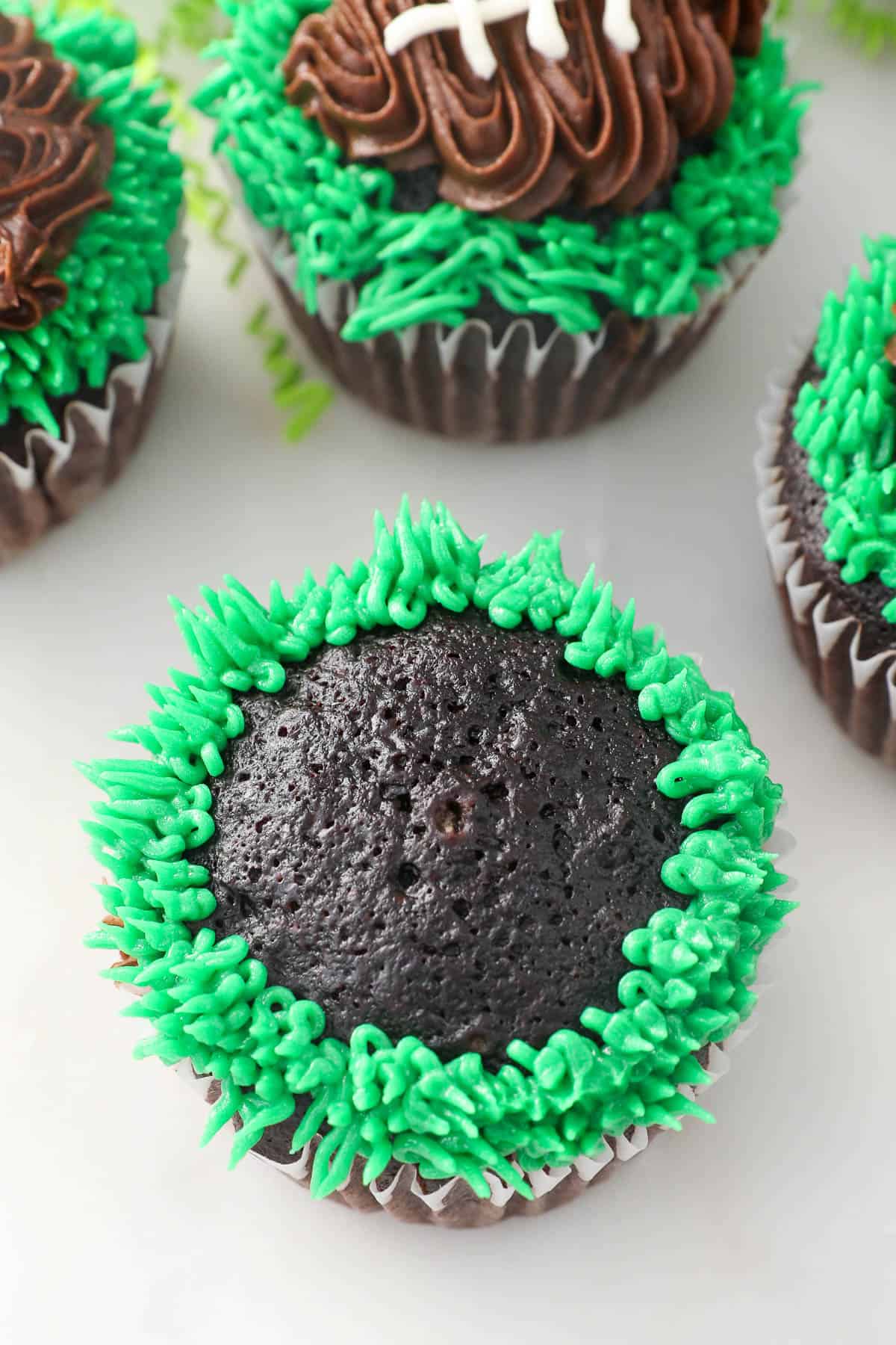 Close up of a chocolate cupcake with green frosting grass piped around the edges.
